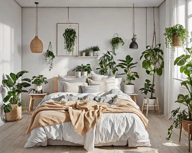 A bedroom with a large bed and hanging plants