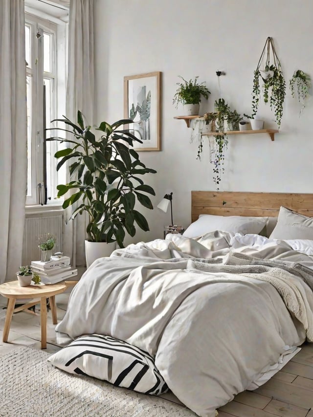 A cozy bedroom with a large bed, a small table, and a few potted plants. The bed is covered with a white comforter and has a wooden headboard.