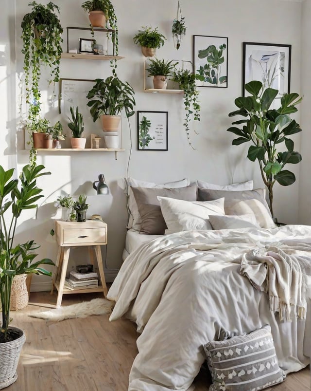 Scandinavian bedroom with white bed, nightstand, and potted plants