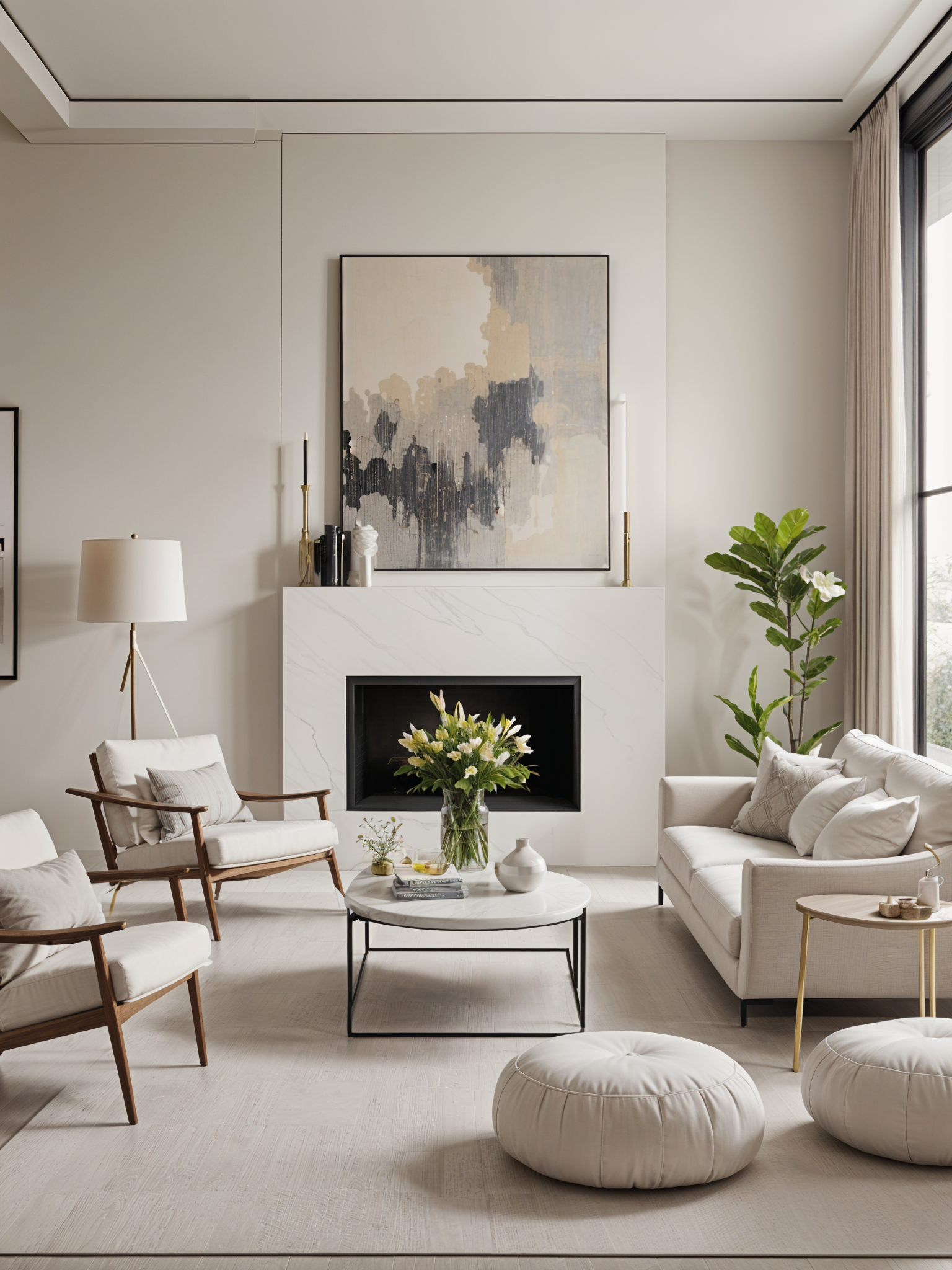 Contemporary Living Room with Fireplace and White Furniture - Design ...