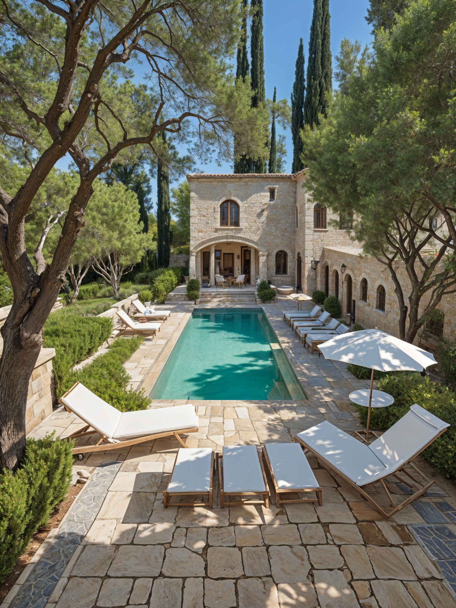 Mediterranean House Exterior with Swimming Pool and Patio Furniture ...