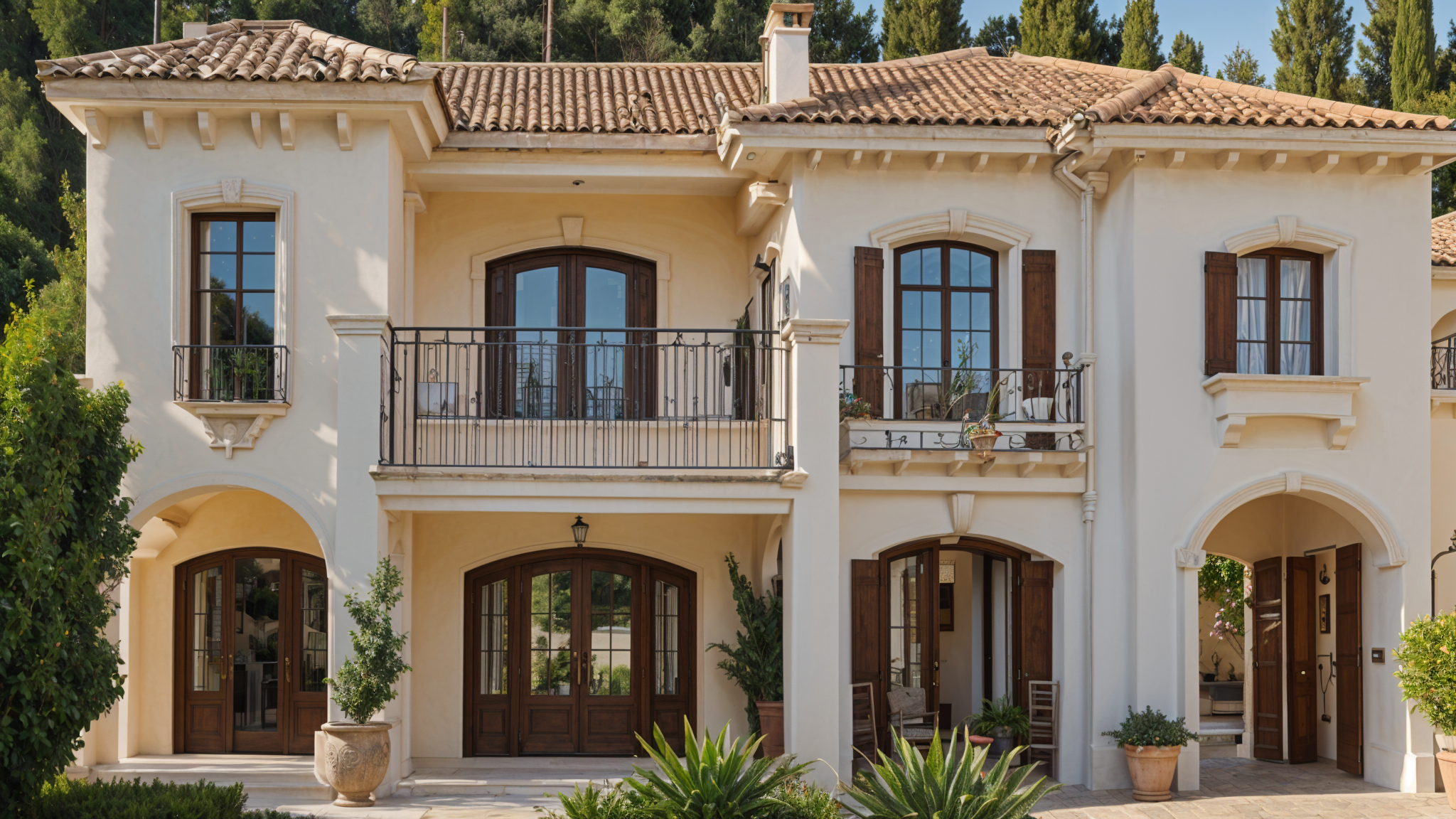 Mediterranean-style house with a white exterior, red tile roof, balcony ...