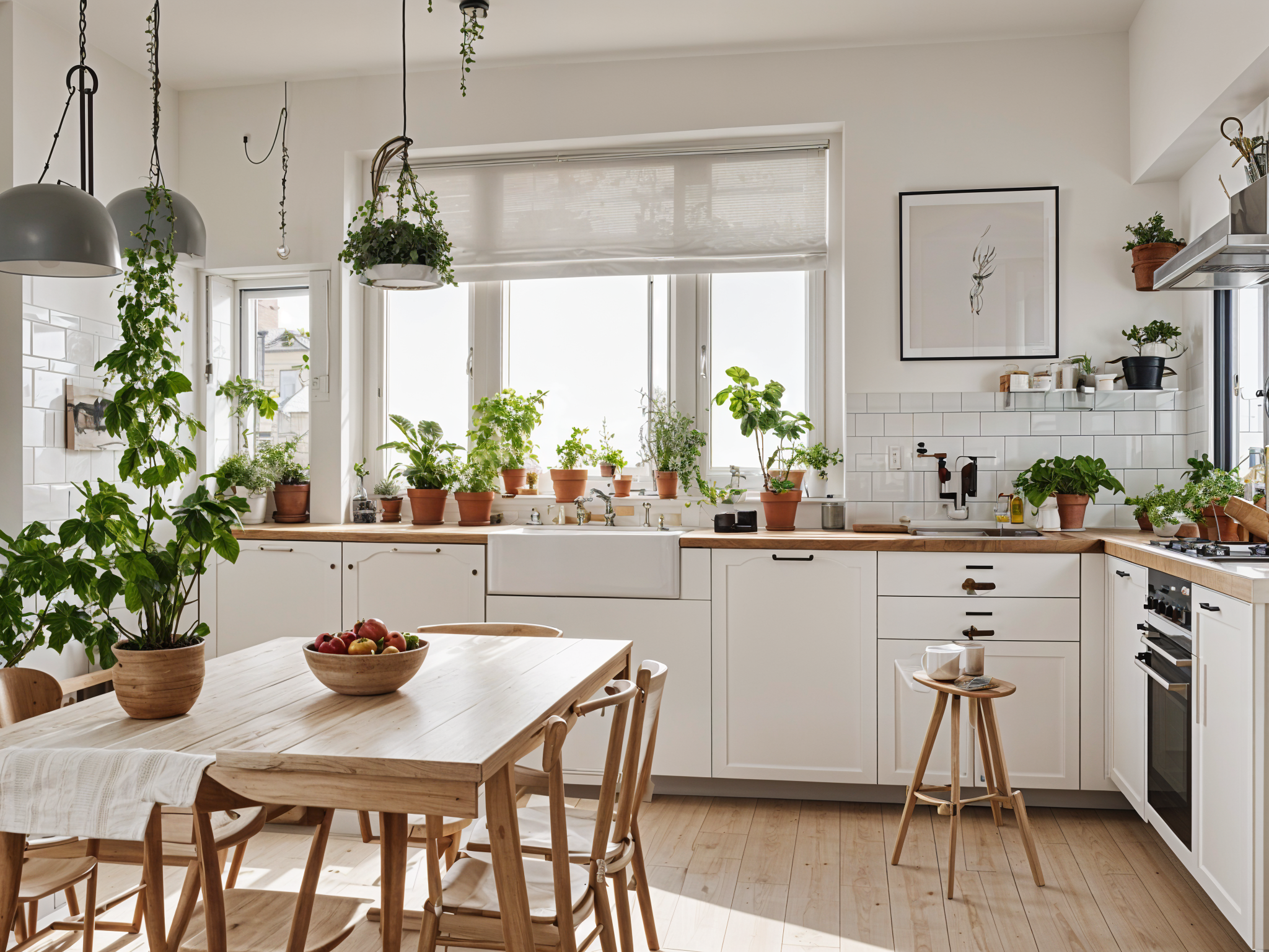 Modern Kitchen with Wooden Dining Table and Plenty of Plants and Fruit ...